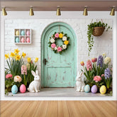 Lofaris Frühlingshafter Osterhintergrund mit Hasen und Eiern, mintgrüner Tür und Blumenkranz, für Fotoshootings