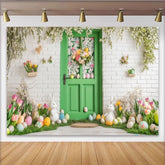Lofaris Frühlingshafter Oster-Fotohintergrund mit grüner Tür, bunten Eiern und Hasen, ideal für Familienfeiern