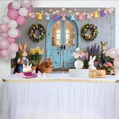 Lofaris Frühlingshafter Pastell-Osterhintergrund mit Hasengirlande, rustikale Holztür und bunte Eier, für Familienfeiern