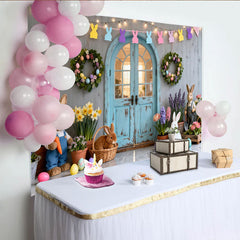 Lofaris Frühlingshafter Pastell-Osterhintergrund mit Hasengirlande, rustikale Holztür und bunte Eier, für Familienfeiern