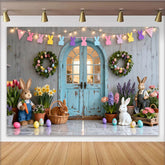 Lofaris Frühlingshafter Pastell-Osterhintergrund mit Hasengirlande, rustikale Holztür und bunte Eier, für Familienfeiern