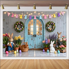 Lofaris Frühlingshafter Pastell-Osterhintergrund mit Hasengirlande, rustikale Holztür und bunte Eier, für Familienfeiern