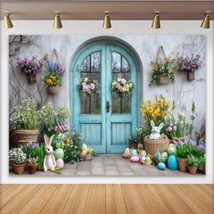 Lofaris Türkisblaue Tür mit Osterhasen, Frühlingsblumen und Ostereiern, Fotohintergrund für Ostern