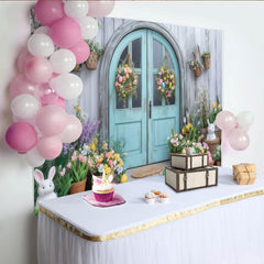 Lofaris Pastellblauer Ostertür-Hintergrund, Frühlingsblumen und Osterhasen, Fotokulisse für Kinder
