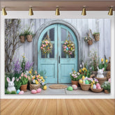 Lofaris Pastellblauer Ostertür-Hintergrund, Frühlingsblumen und Osterhasen, Fotokulisse für Kinder