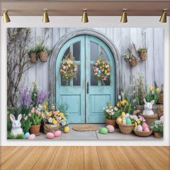 Lofaris Pastellblauer Ostertür-Hintergrund, Frühlingsblumen und Osterhasen, Fotokulisse für Kinder