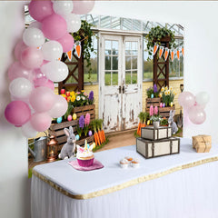 Lofaris Frühlingshafter rustikaler Gewächshaus-Osterhintergrund mit Osterhasen und bunten Eiern, für Familienfotos