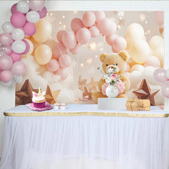 Lofaris Rosa Creme Teddybär-Babyparty-Hintergrund mit Ballons Wolken und Sternen, süße Fotokulisse für und Kinderzimmer-Dekoration