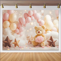 Lofaris Rosa Creme Teddybär-Babyparty-Hintergrund mit Ballons Wolken und Sternen, süße Fotokulisse für und Kinderzimmer-Dekoration
