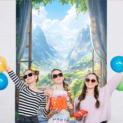 Lofaris Alpenblick Hintergrund Schneegipfel Blumenwiese Fenster