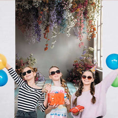 Lofaris Vintage Holzboden Hintergrund Blau-Weiß Bunte Blumen