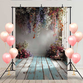Lofaris Vintage Holzboden Hintergrund Blau-Weiß Bunte Blumen