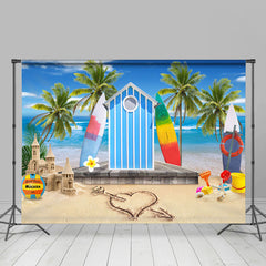 Blau Strand Haus Kokosnuss Palme Sommer Hintergrund