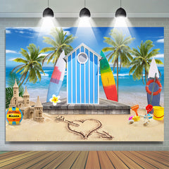 Blau Strand Haus Kokosnuss Palme Sommer Hintergrund