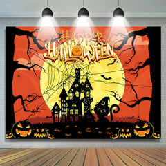 Schloss Katze Kürbis Gelb Mond Halloween Hintergrund