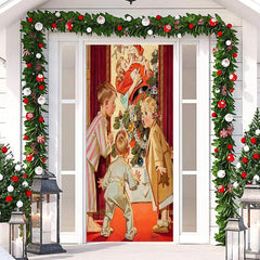 Niedlich Junge Mädchen Weihnachtsmann Klaus Rot Weihnachten Tür Abdeckung