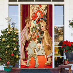 Niedlich Junge Mädchen Weihnachtsmann Klaus Rot Weihnachten Tür Abdeckung