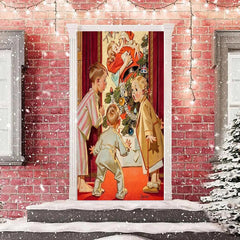 Niedlich Junge Mädchen Weihnachtsmann Klaus Rot Weihnachten Tür Abdeckung