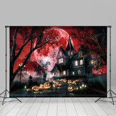 Wald Villa Kürbis Rot Blutig Mond Halloween Hintergrund
