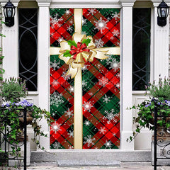 Grün Rot Plaid Bogen Binden Schneebedeckt Weihnachten Tür Abdeckung