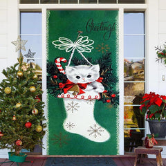 Grün Weiß Katze Socke Grüße Weihnachten Tür Abdeckung