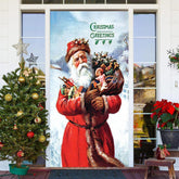 Grüße Weihnachtsmann Klaus Schneebedeckt Weihnachten Tür Abdeckung
