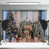 Lofaris Blau Vorhänge Ziegel Kamin Holz Weihnachten Hintergrund
