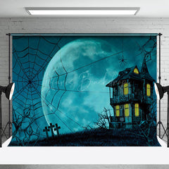 Blau Mond Verfolgt Haus Spinne Web Halloween Hintergrund