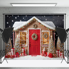 Lofaris Braun Rot Haus Weihnachten Bäume Schneebedeckt Weihnachten Hintergrund