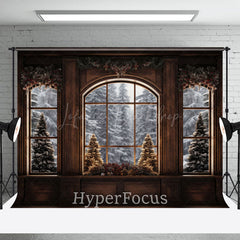 Lofaris Braun Fenster Schneebedeckt Wald Szene Weihnachten Hintergrund