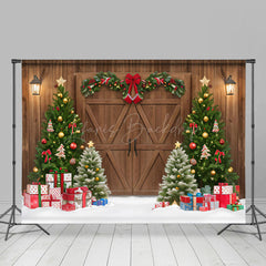 Lofaris Braun Holz Scheune Tür Kranz Weihnachten Baum Hintergrund