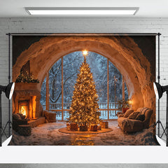 Lofaris Höhle Stil Kamin Fenster Licht Weihnachten Baum Hintergrund