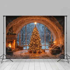 Lofaris Höhle Stil Kamin Fenster Licht Weihnachten Baum Hintergrund
