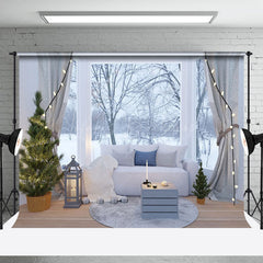 Lofaris Kalt Schneebedeckt Wald Fenster Sofa Winter Foto Hintergrund
