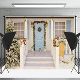 Lofaris Festlich Blau Tür Schneebedeckt Haus Schritte Weihnachten Hintergrund