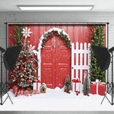 Lofaris Festlich Baum Rot Holz Tür Zaun Weihnachten Hintergrund