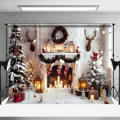 Lofaris Drinnen Weiß Kamin Reh Kopf Weihnachten Hintergrund
