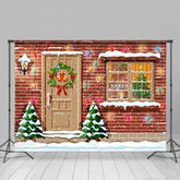 Lofaris Rot Ziegel Wand Tür Fenster Schnee Weihnachten Hintergrund