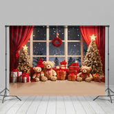 Lofaris Rot Vorhang Fenster Teddy Tragen Schnee Weihnachten Hintergrund