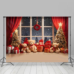 Lofaris Rot Vorhang Fenster Teddy Tragen Schnee Weihnachten Hintergrund