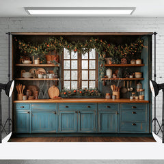 Lofaris Retro Blau Küche Kiefer Blätter Weihnachten Hintergrund