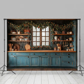 Lofaris Retro Blau Küche Kiefer Blätter Weihnachten Hintergrund