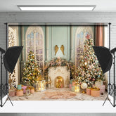 Lofaris Retro Kamin Grün Wand Gold Weihnachten Hintergrund