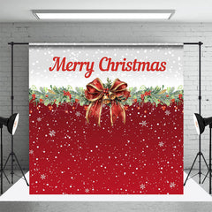 Lofaris Schneebedeckt Bogen Binden Kiefer Blatt Weiß Rot Weihnachten Hintergrund