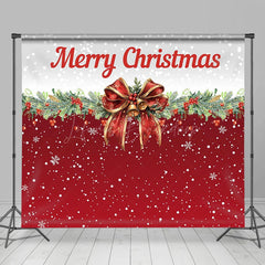 Lofaris Schneebedeckt Bogen Binden Kiefer Blatt Weiß Rot Weihnachten Hintergrund