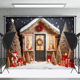 Lofaris Schneebedeckt Haus Bäume Tragen Geschenk Fröhlich Weihnachten Hintergrund