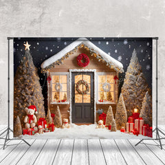 Lofaris Schneebedeckt Haus Bäume Tragen Geschenk Fröhlich Weihnachten Hintergrund