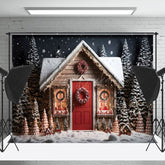 Lofaris Schneebedeckt Nacht Baum Haus Feiert Weihnachten Hintergrund