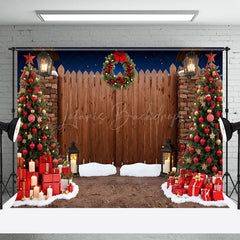 Lofaris Schneebedeckt Nacht Aus Holz Tor Baum Geschenk Weihnachten Hintergrund