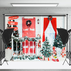 Lofaris Schneebedeckt Rot Weiß Tür Und Fenster Weihnachten Hintergrund